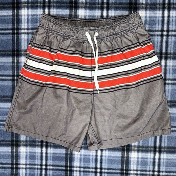 Kanu Surf Swim Trunks Mens Large 29x6 Grey Red Striped Shorts High Rise Pockets​ - Picture 1 of 9